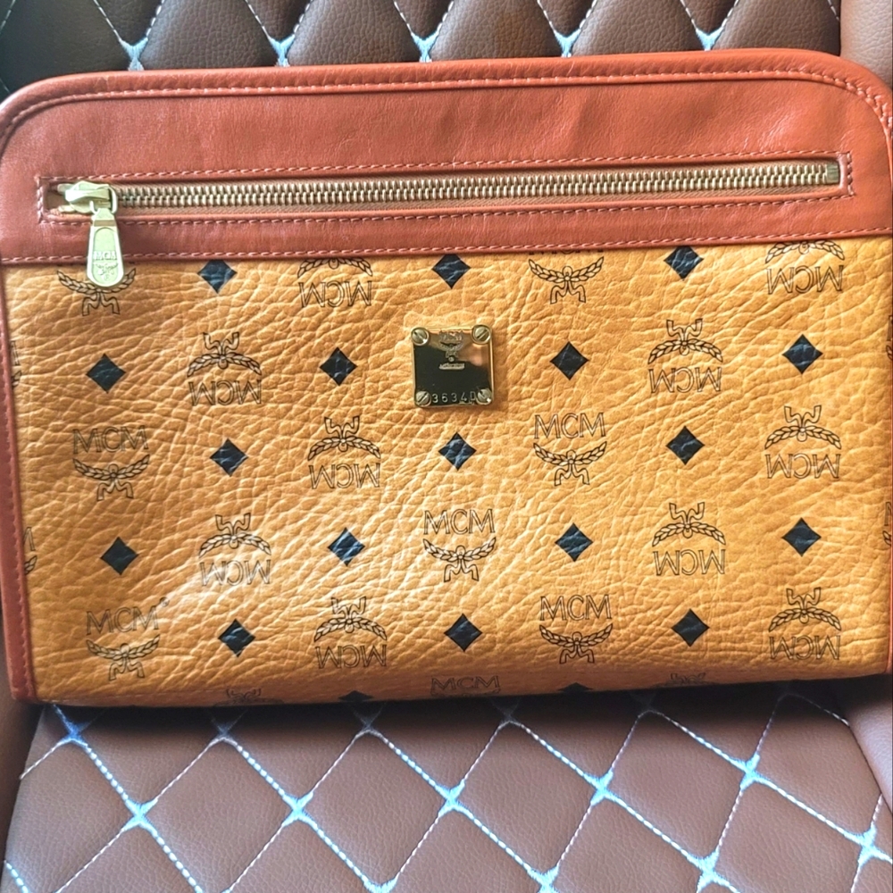 MCM Visetos Stark Brown Canvas Clutch Bag